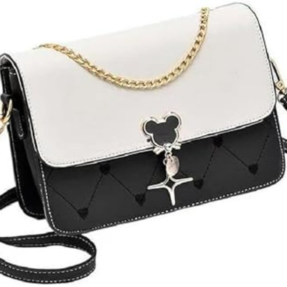 Mickey Head Leather Shoulder Bag Purse Handbag Black White Fashion Mouse Pendant